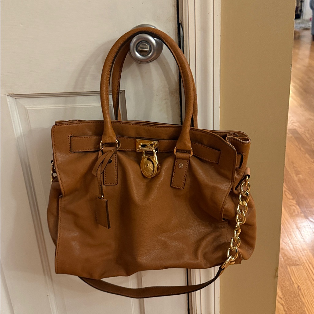 Michael Kors Light Brown Leather Handbag With Gold Accents!